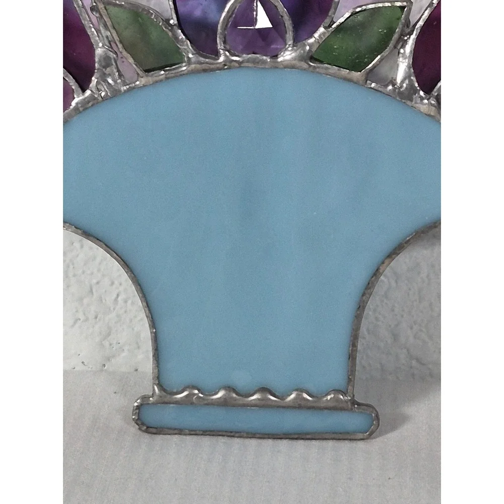 Vintage Stained Glass Tulip Flower Basket Suncatcher Purple Blue Wall Hanging